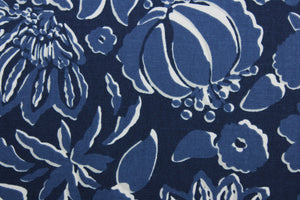  The Robert Allen© Thea Damask in Indigo, a multipurpose fabric, features a large floral print in blue and white. Constructed for durability, it is rated for 100,000 double rubs and is soil and stain resistant.  It can be used for several different statement projects including window accents (drapery, curtains and swags), toss pillows, headboards, bed skirts, duvet covers, upholstery, and more.