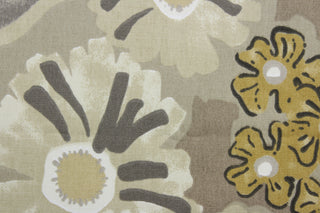  Robert Allen© Bahenga in Twine features a stunning large-scale floral print with a taupe, brown, gray, white and dark gold color palette. Constructed with 100,000 double rubs, this multi-purpose fabric is ideal for a variety of projects.  It can be used for several different statement projects including window accents (drapery, curtains and swags), toss pillows, headboards, bed skirts, duvet covers, upholstery, and more.