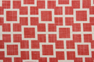 Make your project stand out with the Robert Allen© Cat's Cradle in Papaya. This linen blend fabric features a bold geometric print in papaya and ivory, providing a striking yet subtle look. With a 30,000 double rubs rating, it's designed to be durable and long-lasting. The soil and stain repellant finish ensures easy cleaning.  It can be used for several different statement projects including window accents (drapery, curtains and swags), toss pillows, headboards, bed skirts, duvet covers, and more.