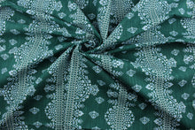 Load image into Gallery viewer, The Robert Allen© Alfama in Emerald features a multipurpose damask print, accented by blue and white on an emerald green background.  It is designed for long-lasting use, with 65,000 double rubs and soil and stain resistance.  It can be used for several different statement projects including window accents (drapery, curtains and swags), toss pillows, headboards, bed skirts, duvet covers, upholstery, and more.
