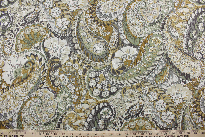  The Robert Allen© Zen Paisley in Amber is a multi-use fabric.  It features a classic floral paisley print and an array of versatile colors, such as amber, green, white, and gray.  The fabric is made to last, boasting a 100,000 double rub rating.  It can be used for several different statement projects including window accents (drapery, curtains and swags), toss pillows, headboards, bed skirts, duvet covers, upholstery, and more.