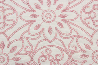  Expertly crafted, the Embroidered Grandfleur in Vanilla Cameo is an intricate floral embroidery in rose pink against an off white background, making a statement of elegance and sophistication.  Uses include drapery, pillows, light upholstery, table runners, bedding, headboards, home décor and apparel.  