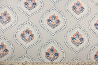 Robert Allen© Diamond in Coral is the perfect choice for adding a splash of color to any project.  This unique medallion pattern features coral accents, set against a tan background, that can be complemented with additional colors of blue, navy, and beige.  It can be used for several different statement projects including window accents (drapery, curtains and swags), toss pillows, headboards, bed skirts, duvet covers and upholstery. 