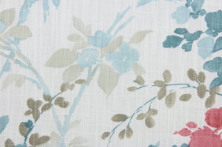 Presenting the Robert Allen© Olivia fabric, an exquisite multi-purpose linen weave cotton fabric with a botanical floral watercolor print in red, teal, tan, and white. Enjoy easy cleaning with soil and stain repellant technology, making this the perfect choice for a variety of uses. It can be used for several different statement projects including window accents (drapery, curtains and swags), toss pillows, headboards, bedding, upholstery, and more.