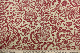 Discover the versatility of Magnolia Home Fashions© Fairhaven in Red.  The warm brick red flowers and leaves are printed on a beige cotton duck, making it perfect for any multi-use application.  Add a touch of nature to your home décor with this elegant and durable fabric.  The fabric is perfect for window accents (draperies, valances, curtains and swags) cornice boards, accent pillows, bedding, headboards, cushions, ottomans, slipcovers and upholstery.  