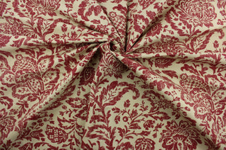 Discover the versatility of Magnolia Home Fashions© Fairhaven in Red.  The warm brick red flowers and leaves are printed on a beige cotton duck, making it perfect for any multi-use application.  Add a touch of nature to your home décor with this elegant and durable fabric.  The fabric is perfect for window accents (draperies, valances, curtains and swags) cornice boards, accent pillows, bedding, headboards, cushions, ottomans, slipcovers and upholstery.  
