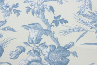  Experience the versatile elegance of Covington© Clara in Blue.  This stunning fabric features a beautiful blue and white floral vine print on a chic off white background.  With 15,000 double rubs, it offers not only style but also durability for multi-use applications.  The fabric is perfect for window accents (draperies, valances, curtains and swags) cornice boards, accent pillows, bedding, headboards, cushions, ottomans, slipcovers and upholstery.  