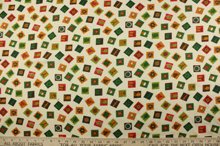  Sweets n Treats in Cream is the perfect fabric for any celebration with its festive party-themed design. Featuring presents, party hats, cupcakes, balloons, candles, and flowers in vibrant colors of green, orange, red, brown, and set on a cream background, this quilting fabric will add a touch of fun and whimsy to any project. Great for quilting projects, apparel, and home décor.