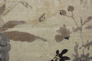 This multipurpose fabric boasts a beautiful linen floral print in shades of gray, purple, green, ivory, taupe, and pearl. Perfect for achieving a sophisticated look in any space. Great for window accents (draperies, valances, curtains and swags) cornice boards, accent pillows, bedding, headboards, cushions, ottomans, slipcovers and light duty upholstery. <span data-mce-fragment="1">&nbsp;</span>