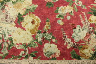 This multipurpose floral cotton print by P/Kaufmann© features a crimson background with accents of green, gold, creams, and hints of dark purple. A perfect addition to any décor, its versatile design adds a touch of elegance and warmth to any space. Great for window accents (draperies, valances, curtains and swags) cornice boards, accent pillows, bedding, headboards, cushions, ottomans, slipcovers and light duty upholstery. <span data-mce-fragment="1">&nbsp;</span>