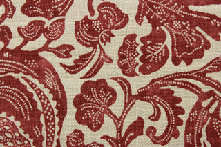 P Kaufmann's Bountiful fabric in Grenadine. The cotton blend basketweave boasts lush flowers, fruits, and vines while providing soil and stain repellency. With 27,000 double rubs, this multipurpose fabric exudes quality and durability. The versatile fabric is perfect for window accents (draperies, valances, curtains and swags) cornice boards, accent pillows, bedding, headboards, cushions, ottomans, slipcovers and upholstery. <span data-mce-fragment="1">&nbsp;</span>