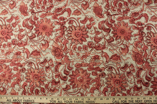 P Kaufmann© Manado in Grenadine is a multipurpose fabric made of a high-quality cotton blend. The printed floral vine pattern adds an elegant touch to any project, while the vibrant red color pops against the natural background. The versatile fabric is perfect for window accents (draperies, valances, curtains and swags) cornice boards, accent pillows, bedding, headboards, cushions, ottomans, slipcovers and upholstery. <span data-mce-fragment="1">&nbsp;</span>