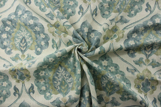  a stunning blue and green floral medallion print on a white background. Plus, with soil and stain repellant properties, this fabric is both beautiful and practical. Perfect for window accents (draperies, valances, curtains and swags) cornice boards, accent pillows, bedding, headboards, cushions, ottomans, slipcovers and upholstery. <span data-mce-fragment="1">&nbsp;</span>