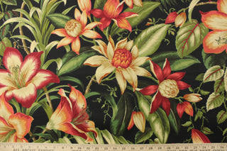 Elevate your outdoor space with the Tommy Bahama© Botanical Glow in Ebony. This floral outdoor print brings a touch of nature to your porches and patios. Featuring shades of green, red, coral, and cream against a black background, it adds a bold and vibrant look. Plus, it is water and stain resistant, making it perfect for <span data-mce-fragment="1">cushions, tablecloths, upholstery projects, decorative pillows and craft projects.&nbsp; Recommended to store away when not in use.</span>