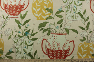 This multipurpose printed cotton fabric by P Kaufmann features large scale flowers in vases, bees, and a beautiful blend of leaf green, gold, poppy red, spa blue, and off white on a sand background. With 51,000 double rubs, this basketweave fabric is durable and versatile for any project. Perfect for window accents (draperies, valances, curtains and swags) cornice boards, accent pillows, bedding, headboards, cushions, ottomans, slipcovers and upholstery. <span data-mce-fragment="1">&nbsp;</span>