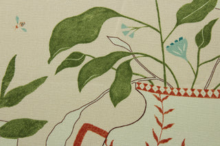 This multipurpose printed cotton fabric by P Kaufmann features large scale flowers in vases, bees, and a beautiful blend of leaf green, gold, poppy red, spa blue, and off white on a sand background. With 51,000 double rubs, this basketweave fabric is durable and versatile for any project. Perfect for window accents (draperies, valances, curtains and swags) cornice boards, accent pillows, bedding, headboards, cushions, ottomans, slipcovers and upholstery. <span data-mce-fragment="1">&nbsp;</span>