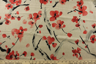watercolor floral print in shades of red and black stands out against a natural background, while its soil and stain repellant finish ensures long-lasting beauty. P<span data-mce-fragment="1">erfect for window accents (draperies, valances, curtains and swags) cornice boards, accent pillows, bedding, headboards, cushions, ottomans, slipcovers and light duty upholstery. </span>&nbsp;