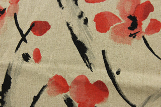 watercolor floral print in shades of red and black stands out against a natural background, while its soil and stain repellant finish ensures long-lasting beauty. P<span data-mce-fragment="1">erfect for window accents (draperies, valances, curtains and swags) cornice boards, accent pillows, bedding, headboards, cushions, ottomans, slipcovers and light duty upholstery. </span>&nbsp;