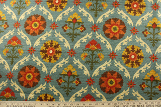 The Waverly© Mayan Medallion in Adobe is a multipurpose fabric featuring stunning medallions in shades of orange, red, gold, and dark green on a rich teal background. With a high durability of 51,000 double rubs, this fabric is perfect for any home décor project. Perfect for window accents (draperies, valances, curtains and swags) cornice boards, accent pillows, bedding, headboards, cushions, ottomans, slipcovers and upholstery. <span data-mce-fragment="1">&nbsp;</span>