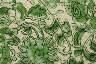  P Kaufmann© Manado in Apple is a multipurpose fabric made of a high-quality cotton blend. The printed floral vine pattern adds an elegant touch to any project, while the vibrant apple green color pops against the natural background.&nbsp;The versatile fabric is perfect for window accents (draperies, valances, curtains and swags) cornice boards, accent pillows, bedding, headboards, cushions, ottomans, slipcovers and upholstery. <span data-mce-fragment="1">&nbsp;</span>