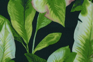 This Solarium outdoor decorative print features large banana leaves in shades of green, light blue, and hints of pink against an emerald green background.&nbsp; This versatile, long-lasting fabric can withstand up to 500 hours of sunlight, water and stain resistant and has 15,000 double rubs.&nbsp; It is perfect for lounge cushions, pool furniture, tablecloths, decorative pillows and upholstery projects. <span data-mce-fragment="1">Recommended to store away when not in use.</span>