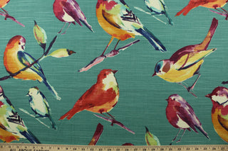 This gorgeous multi purpose fabric features a vibrant bird pattern in bold shades of navy blue, orange, red, magenta, cream, green, purple, and a beautiful teal background.&nbsp; This fabric great for clothing as well as drapery, w<span data-mce-fragment="1">indow treatments, decorative pillows, handbags, light duty upholstery and almost any craft project. This fabric has a soft workable feel yet is stable and durable.&nbsp;&nbsp;</span>