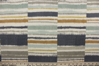  Seydou features a subtle tribal stripe design in a blend of blue, light green, beige, brown, bronze, and silver colors.  It can be used for several different statement projects including window accents (drapery, curtains and swags), decorative pillows, hand bags, bed skirts, duvet covers, light upholstery and craft projects.  