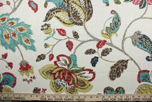 Load image into Gallery viewer, Robert Allen© Spring Mix in Poppy, a multi-use linen blend fabric featuring a classic mottled floral and leaf print.  Its lovely poppy, brown, goldenrod, gray, and teal blend beautifully against an ivory background, and it offers top-notch durability with 30,000 double rubs and stain and water repellent protection. It can be used for several different statement projects including window accents (drapery, curtains and swags), toss pillows, headboards, bed skirts, duvet covers, upholstery, and more.
