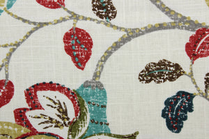 Robert Allen© Spring Mix in Poppy, a multi-use linen blend fabric featuring a classic mottled floral and leaf print.  Its lovely poppy, brown, goldenrod, gray, and teal blend beautifully against an ivory background, and it offers top-notch durability with 30,000 double rubs and stain and water repellent protection. It can be used for several different statement projects including window accents (drapery, curtains and swags), toss pillows, headboards, bed skirts, duvet covers, upholstery, and more.