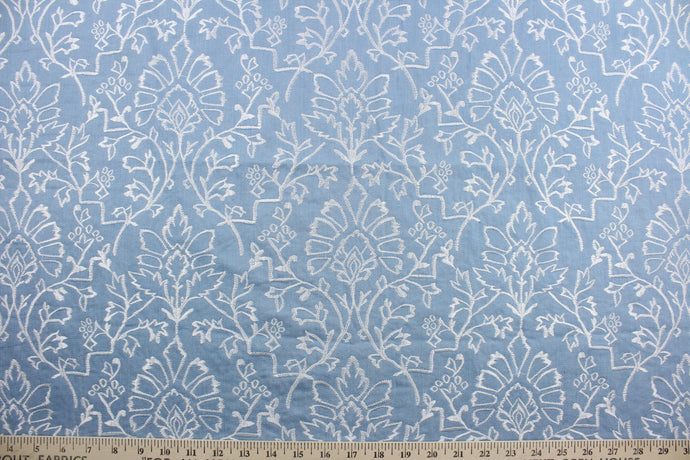 For an elegant, timeless look, Robert Allen© Floral in Blue is the perfect choice. Featuring an embroidered floral design in white against a sky blue background, this multi-purpose fabric is ideal for light duty upholstery, window treatments, accent pillows, bedding, and home décor.