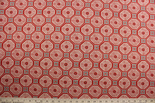 Load image into Gallery viewer,  This multi-use fabric features a fun geometrical print featuring persimmon, light beige, and gray tones, making it perfect for a range of home décor projects.  Treated with a soil and stain repellant finish, this fabric is durable with a 100,000 double rub rating.  It can be used for several different statement projects including window accents (drapery, curtains and swags), toss pillows, headboards, bed skirts, duvet covers, upholstery, and more.
