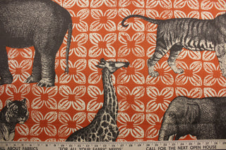 Featuring an ethnically inspired print with elephants, tigers, giraffes, and flowers, this fabric will make a bold statement with its mix of oranges, browns, and beiges.  Made of water-resistant and soil and stain-repellant fabric, this outdoor print will look vibrant and new with minimal maintenance.  Perfect for patio, deck and poolside.  It can be used for several different statement projects including cushions, upholstery projects and decorative pillows. 