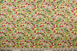 Flower Girl features a bright and cheerful floral print in a range of colors: mustard yellow, green, red, pink, light blue, white, and black on a yellow background.  The high-quality cotton material ensures lasting durability and softness, making it perfect for your next quilting or stitching project.  The versatile lightweight fabric is soft and easy to sew.  It would be great for apparel, quilting, crafting and sewing projects.  