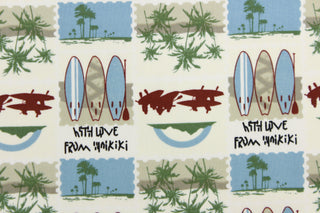  Escape to the Hawaiian beaches with this colorful print that features palm trees and surfboards in the colors of green, blue, maroon dark brown, black, sand and white.  This versatile lightweight fabric is soft and easy to sew.  It would be great for quilting, crafting and sewing projects.  We offer this fabric in other colors.