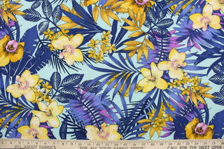 This 8 way stretch lycra features lush tropical flowers with foliage in blue, purple, pink and yellow on a light blue background.  It is durable and breathable and will allow movements of the body.  Uses include dance and sports wear, leotards and dresses.  We offer several different lycra fabrics.   