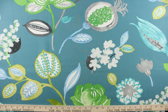 Stunning large floral design, with aqua blue, lime green, gray, white, black, and green colors on a teal blue background.