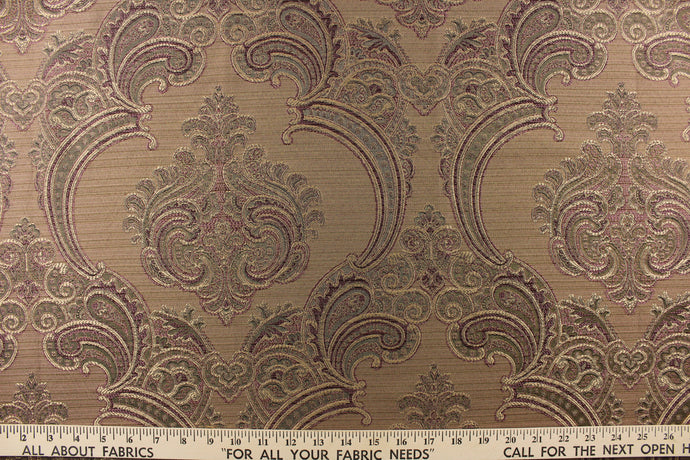 ornamental damask design in purple and green  and hints of light gold tones on a brown background