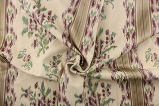 This beautiful fabric features a floral and stripe design set against a tan background.   It can be used for multi purpose upholstery, bedding, accent pillows and drapery.  Colors included are lavender, purple, taupe, tan and light green.