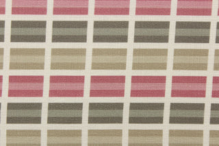 This fabric features a plaid design in beige, rose, taupe and cream
