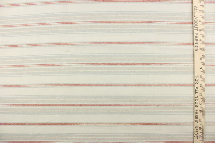 This fabric features a horizontal stripe design in gray, red, pale blue, white and dull white.