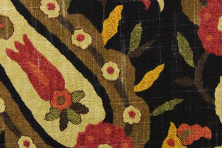This fabric features a unique design in brown, tan, golden brown, black, green, khaki and burgundy. 