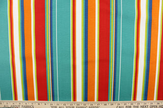 This bright striped fabric is perfect for outdoor settings and indoors in a sunny room. Colors included are blue, orange, white, green and teal. 