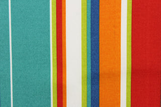 This bright striped fabric is perfect for outdoor settings and indoors in a sunny room.  Colors included are blue, orange, white, green and teal.