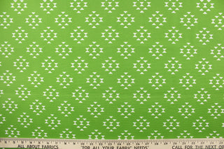 This beautiful outdoor fabric features a geometric design in white on a green background.