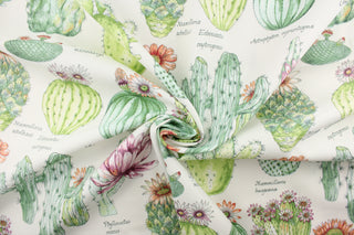 This outdoor fabric features a design of different  cactus in green, orange, purple, and peach with hints golden yellow against white.