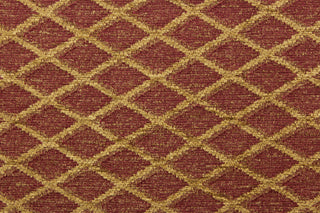This hard wearing, textured chenille fabric features gold diamonds on a rust colored background. 