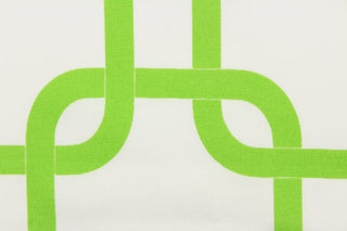 This outdoor fabric features a chain link design in bright green against a white background .