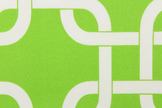 This outdoor fabric features a chain link design in white against a bright green .