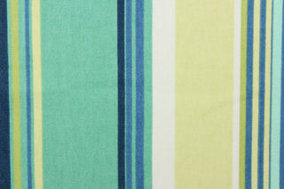 This outdoor fabric features a stripe design in blue, lime green, turquoise, white, and pale yellow