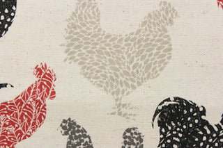 This fabric features a chicken design in black, red, light and dark gray against a natural background. 